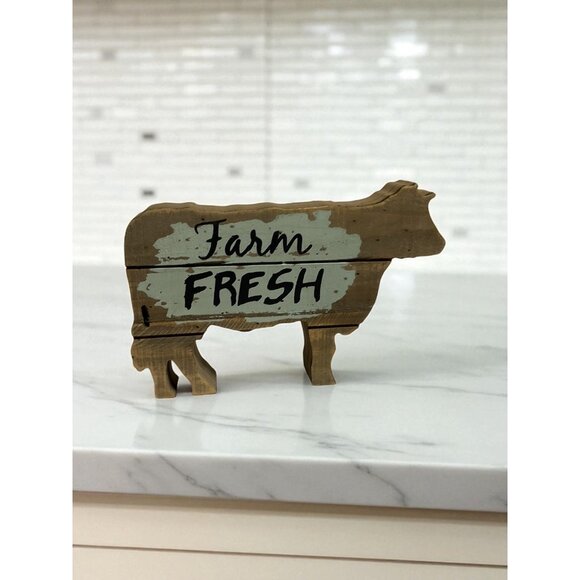 Farm Fresh Cow-Shaped Wooden Decor Sign Rustic Farmhouse Style - Picture 1 of 7